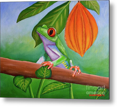 Frog Metal Print featuring the painting Frog and Cocoa Pod by Laura Forde