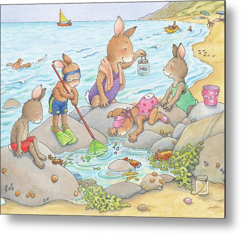 Sunny Bunnies Metal Print featuring the painting Fun at the Tide Pool by June Goulding
