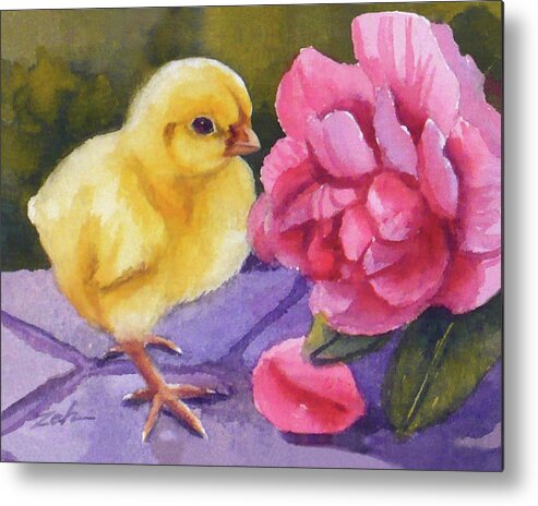 Baby Chick Metal Print featuring the painting Georgia and the Rose by Janet Zeh