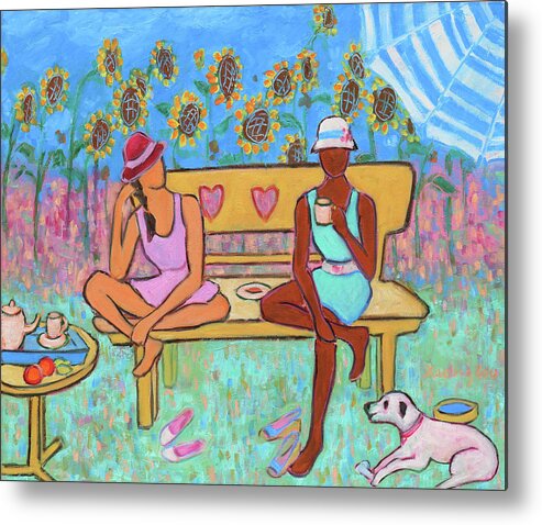 Figurative Metal Print featuring the painting Girlfriends' Teatime III by Xueling Zou
