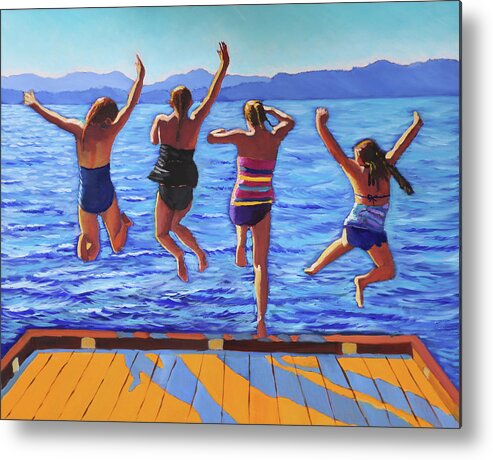 Girls Metal Print featuring the painting Girls Jumping by Kevin Hughes