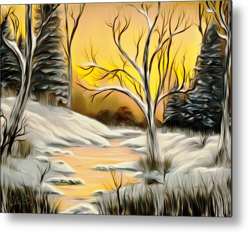Winter Metal Print featuring the painting Golden Birch By Crystal Creek Winter Mirage by Claude Beaulac