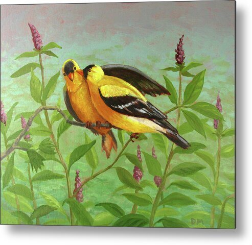Yellow Metal Print featuring the painting Goldfinch Love by Don Morgan