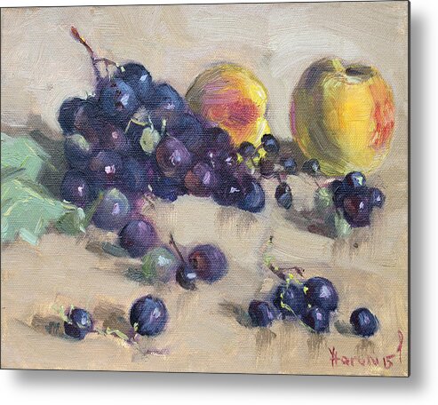Grape Metal Print featuring the painting Grape and Peach by Ylli Haruni