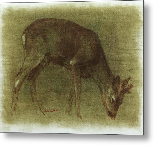 Roebuck Metal Print featuring the painting Grazing Roe Deer Oil Painting by Attila Meszlenyi