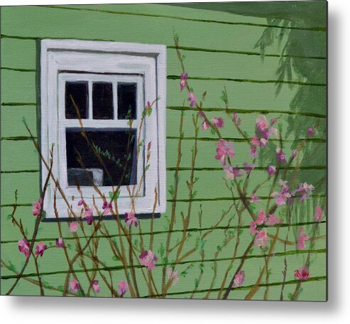 Green Metal Print featuring the painting Green Garage in Spring by Mary Chant