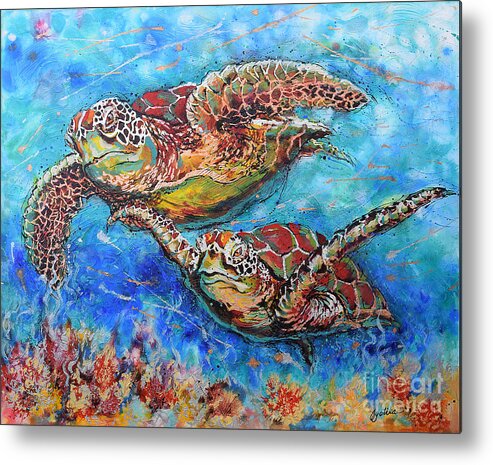 Marine Turtles Metal Print featuring the painting Green Sea Turtles by Jyotika Shroff