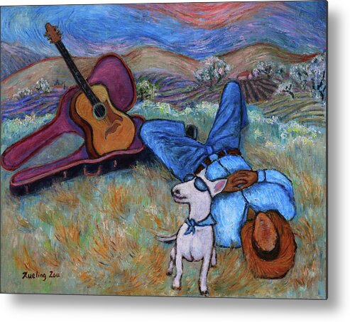 Figurative Metal Print featuring the painting Guitar Doggy and Me in Wine Country by Xueling Zou