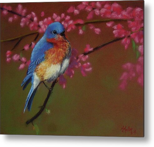 Birds Metal Print featuring the pastel Happiness is a Blue Bird by Marcus Moller