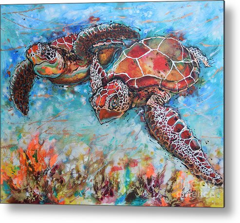 Marine Turtles Metal Print featuring the painting Hawksbill Sea Turtles by Jyotika Shroff