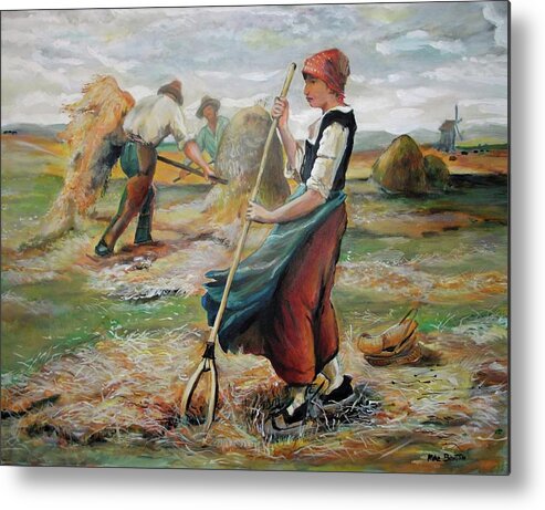 Landscape Metal Print featuring the painting Hay Field Workers by Mike Benton