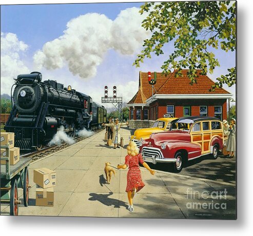 Train Station Metal Print featuring the painting Here at Last by Michael Swanson