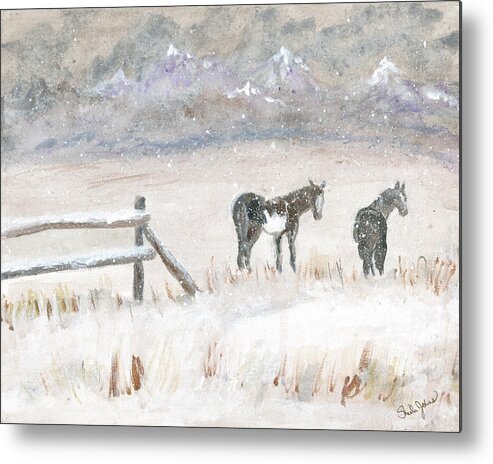 Horses Metal Print featuring the painting Horses in Snow by Sheila Johns