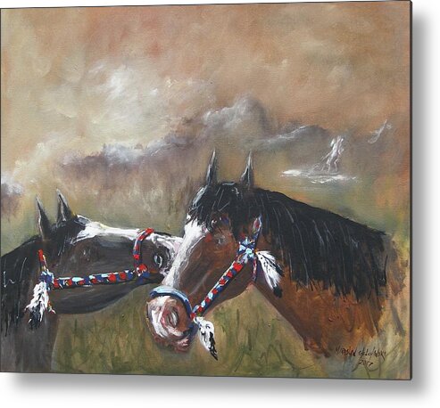 Acrylic On Canvas Painting Print American Indian Horses Native Pair Black Brown Feathers Sky Sunset Mountain Waterfall Clouds Dark Horses Relaxing Happy Horses Playing Horses Grass Green Metal Print featuring the painting Horses by Miroslaw Chelchowski