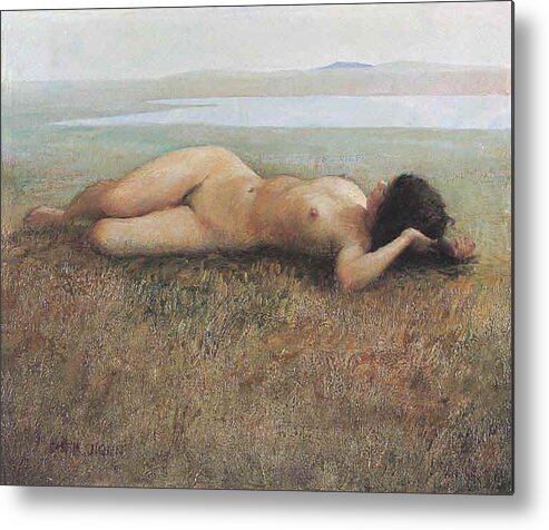 Nude Metal Print featuring the painting Hude On Grassland by Ji-qun Chen