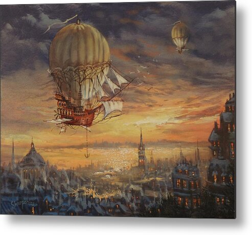 Airship Metal Print featuring the painting In Her Majesty's Service Steampunk Series by Tom Shropshire