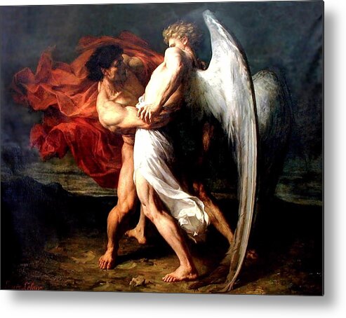 Jacob Wrestling With The Angel Metal Print featuring the painting Jacob Wrestling with the Angel by Alexander Louis Leloir