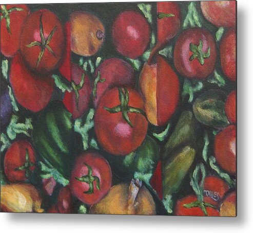 Tomato Metal Print featuring the painting Jersey Tomatoes with a Dash of Abstract by Dennis Tawes