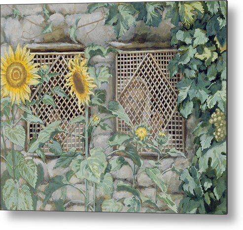 Jesus Looking Through A Lattice With Sunflowers Metal Print featuring the painting Jesus Looking through a Lattice with Sunflowers by Tissot