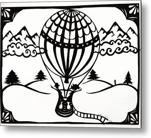 Hot Air Balloon Metal Print featuring the drawing June in a Balloon by Summer Porter