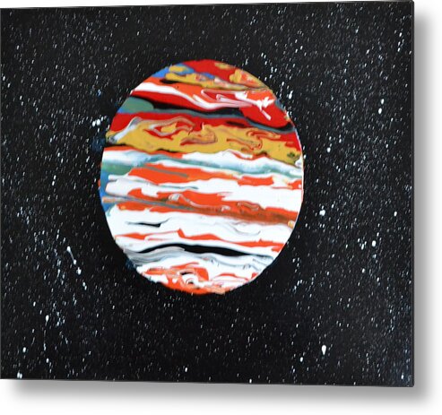 This Is A Abstract Painting Of The Planet Jupiter. The Flow Technique Was Used With Acrylic Colors. The Five Acrylic Colors Used Were Poured In A Circle Area Tilted To Get This Affect. The Distant White Stars Were Also Included In This Painting. Metal Print featuring the painting Jupiter by Martin Schmidt