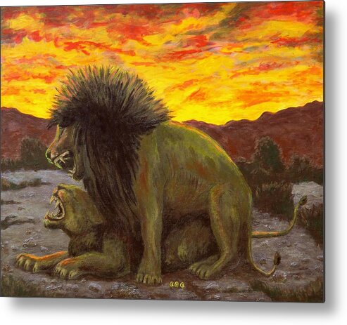 Lions Metal Print featuring the painting Kalahari Sunset by George I Perez
