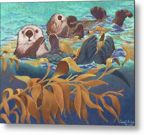 Sea Otters Metal Print featuring the pastel Keepers of the Kelp by Tracy L Teeter 