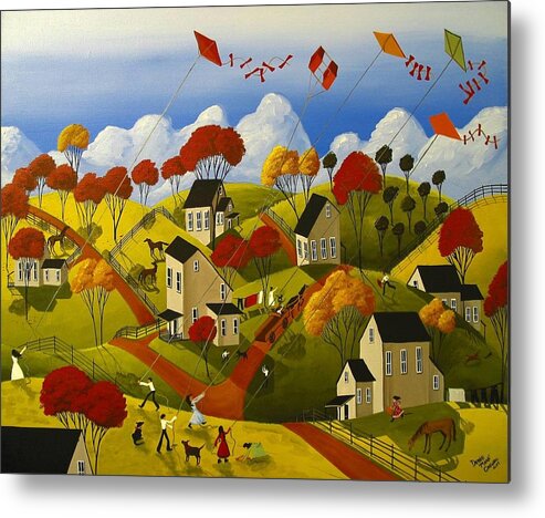 Folk Art Metal Print featuring the painting Kite Flying Frenzy by Debbie Criswell
