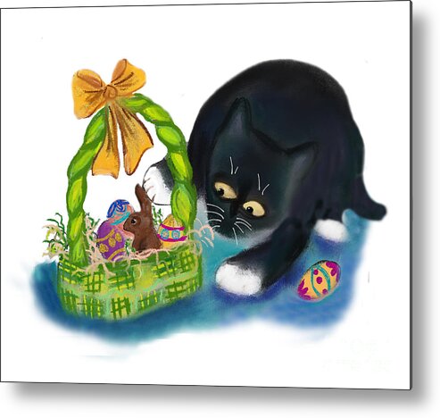 Easter Basket Metal Print featuring the digital art Kitten is Raiding the Easter Basket by Ellen Miffitt