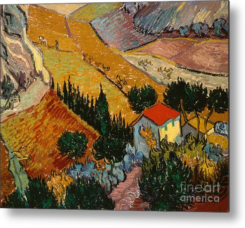 Landscape Metal Print featuring the painting Landscape with House and Ploughman by Vincent Van Gogh