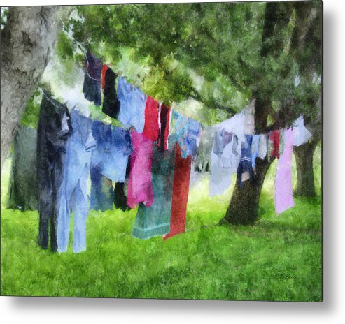 Laundry. Wash; Washing; Clothes; Line; Clothesline; Hung; Hanging; Dry; Drying; Trees; Oaks Metal Print featuring the digital art Laundry Line by Frances Miller