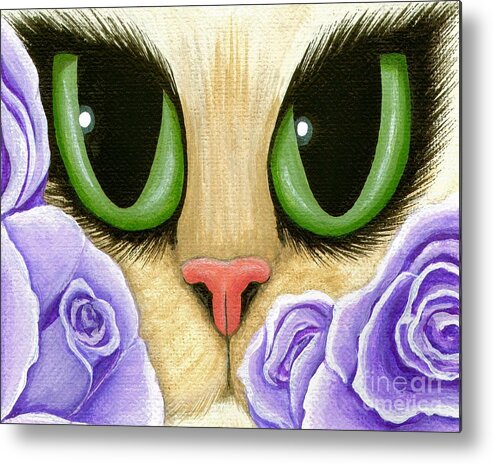 Green Eyes Cat Metal Print featuring the painting Lavender Roses Cat - Green Eyes by Carrie Hawks