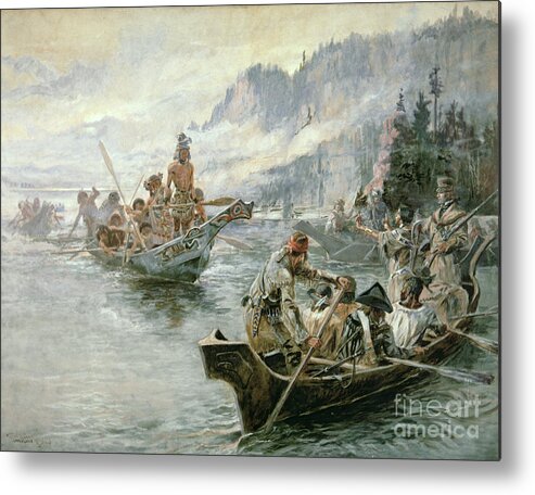 Rivers Metal Print featuring the painting Lewis and Clark on the Lower Columbia River by Charles Marion Russell