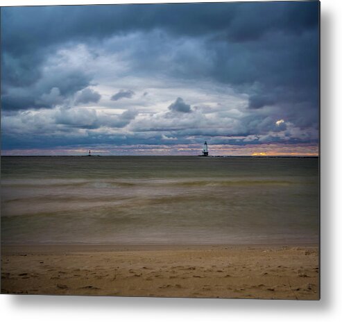 Ludington Mi Metal Print featuring the photograph Lighthouse Under Brewing Clouds by Lester Plank