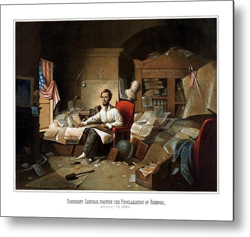 Abraham Lincoln Metal Print featuring the painting Lincoln Writing The Emancipation Proclamation by War Is Hell Store
