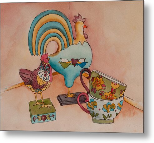 Still Life Metal Print featuring the painting Linda's Chickens by Heidi E Nelson