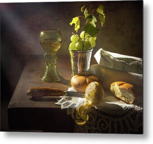 Ontbijt Metal Print featuring the photograph Little Breakfast with bread - grapes -peeled lemon by Levin Rodriguez