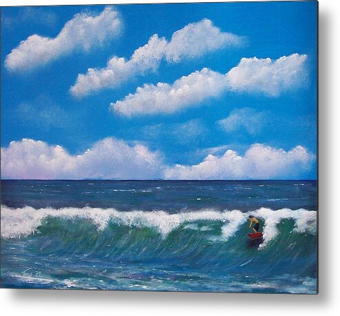 Seascape Metal Print featuring the painting Lone Surfer by Tony Rodriguez