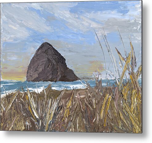 Seascape Metal Print featuring the painting Longing for the sounds of Haystack Rock by Ovidiu Ervin Gruia