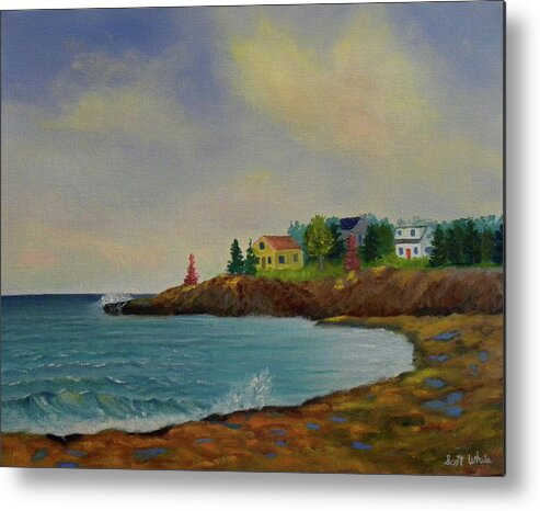 Beach Seascape Landscape Ocean Sea Waves Houses Rocks Cove Artist Scott White Metal Print featuring the painting Low Tide by Scott W White