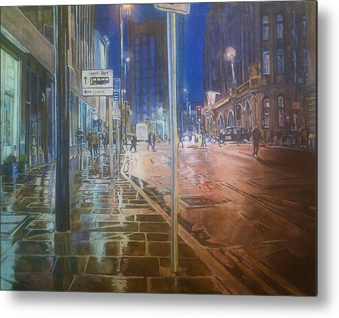 Manchester Night Wet Pavements Light Reflections Buildings People Metal Print featuring the painting Manchester At Night by Rosanne Gartner