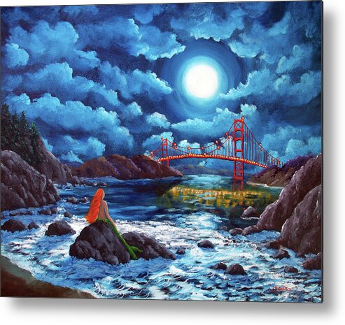 Painting Metal Print featuring the painting Mermaid at the Golden Gate Bridge by Laura Iverson