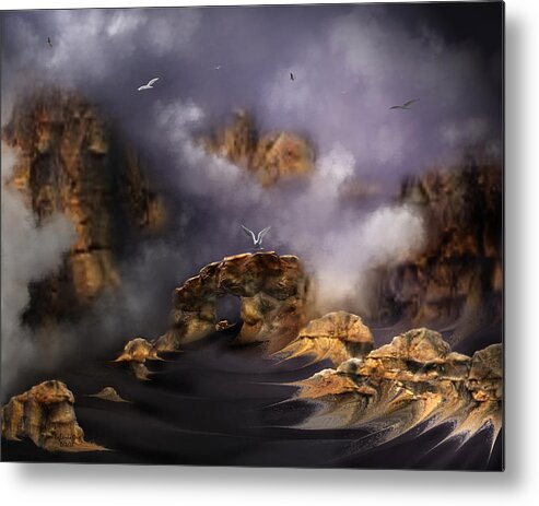 Digital Art Metal Print featuring the digital art Misty Mountain Sunrise by Artful Oasis