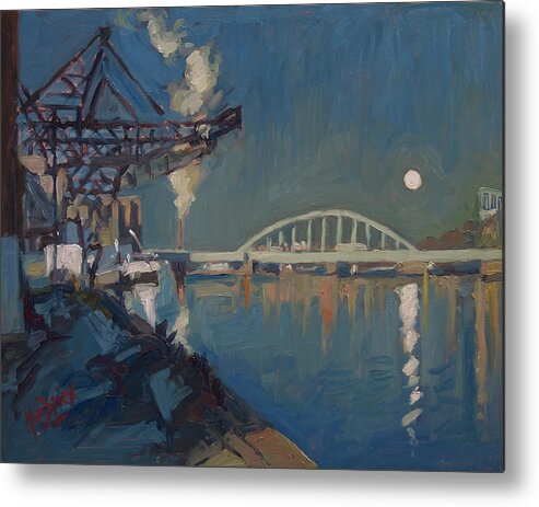 Maastricht Metal Print featuring the painting Moon over the railway bridge Maastricht by Nop Briex