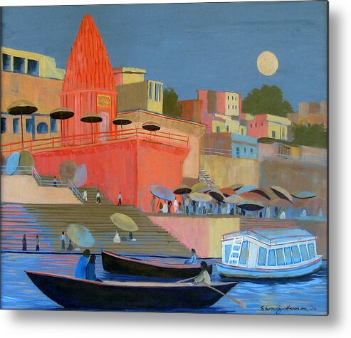 Moonlight Metal Print featuring the painting Moonlight on the Ghats by Art Nomad Sandra Hansen