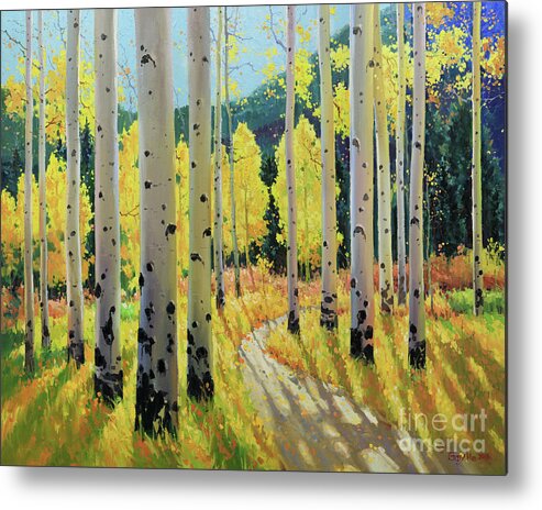 Aspen Trees Birch Trees Gary Kim Oil Print Art Print Woods Fall Trees Autumn Landscapes Landscape Nature Aspen Aspens Aspen Trees Aspen Tree Summer Flower Flowers Wildflowers Wildflower Tree Trees Meadow Meadows Metal Print featuring the painting Morning Lights Of Aspen Trail by Gary Kim