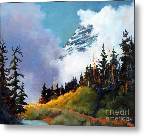 Landscape Metal Print featuring the painting Mt. Rainier in Clouds by Marta Styk