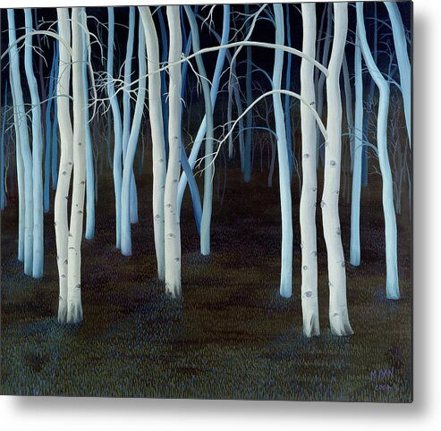 Wood; Woodland; Trees; Nocturne; Night; Tree Trunks; Luminous; White; Dark; Forest; Eyes; Atmospheric; Eerie Metal Print featuring the painting Mystic by Magdolna Ban