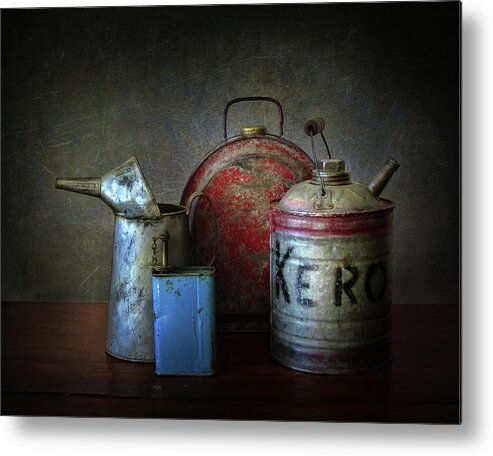 Blue Metal Print featuring the photograph Oil and Kerosene Cans by David and Carol Kelly