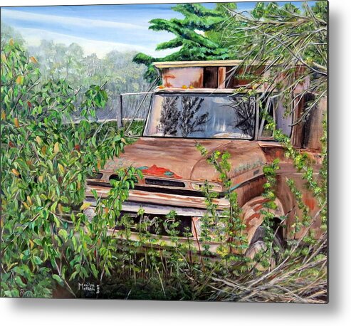 Old Truck Metal Print featuring the painting Old truck rusting by Marilyn McNish